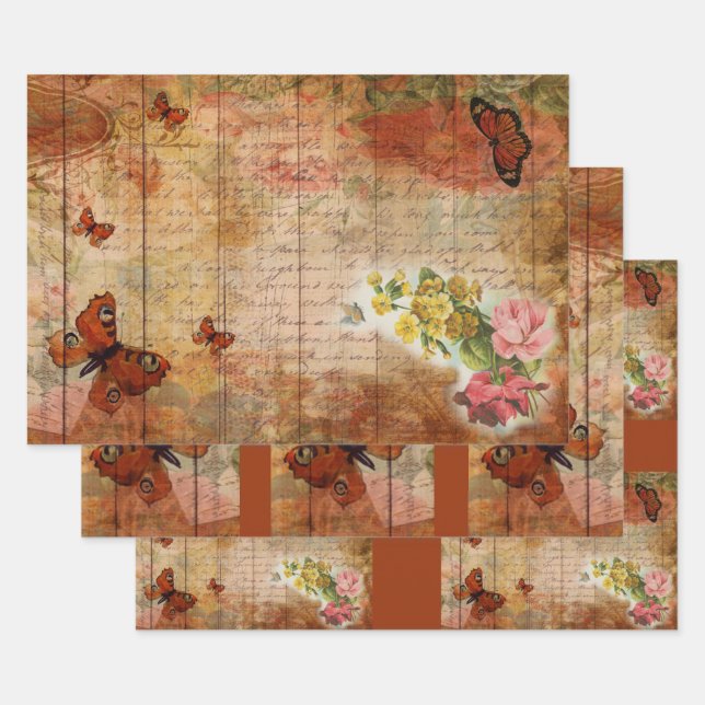 Feuille De Papier Cadeau Papillon d'été rose avec Fleurs Ephemera (Lot)