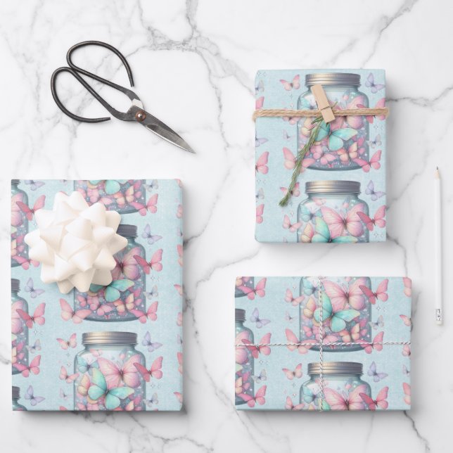 Feuille De Papier Cadeau Papillon Fantaisiste dans un Motif de Pot (Recto)