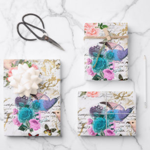 Feuille De Papier Cadeau Papillon Fleur Oiseau vintage Art Marbre BlancOr