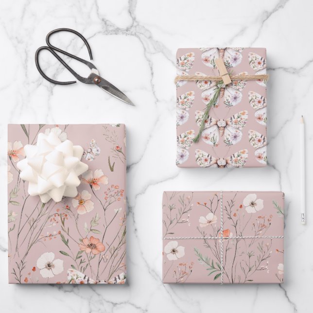 Feuille De Papier Cadeau Papillon floral Fleur sauvage Boho (Recto)