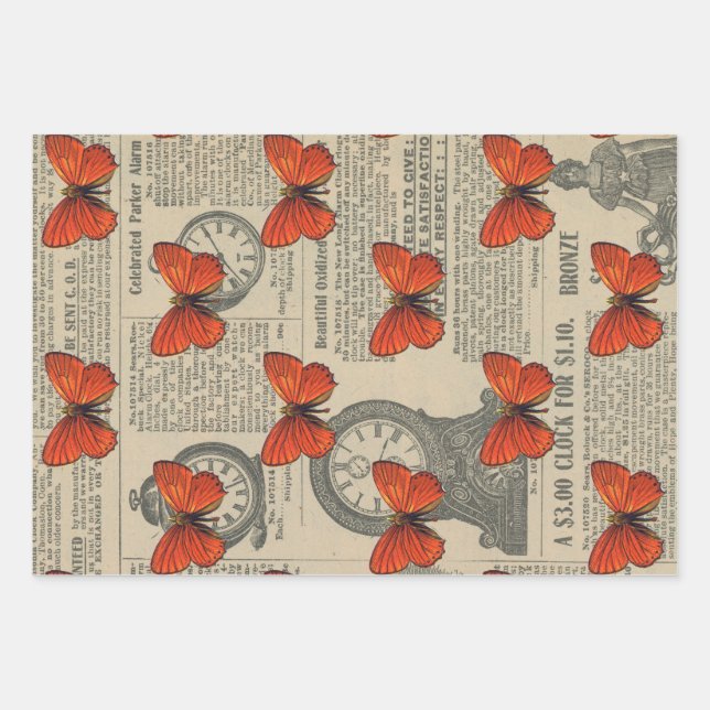 Feuille De Papier Cadeau Papillon orange Vintage et journal (Devant)