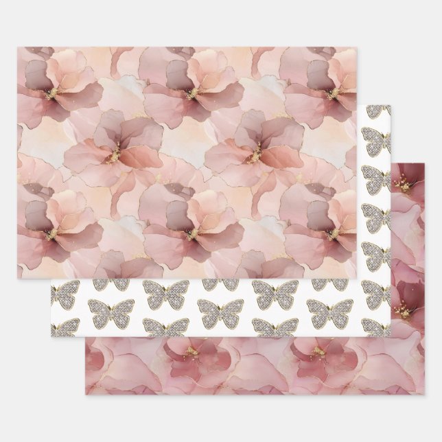 Feuille De Papier Cadeau Papillon rose pâle à étincelles (Lot)