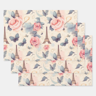 Feuille De Papier Cadeau Papillon Tour Eiffel et Motif Rose