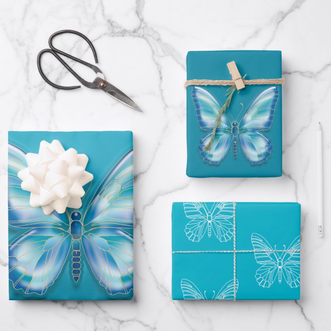 Feuille De Papier Cadeau Papillon turquoise (Recto)