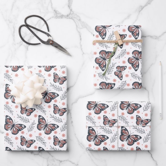 Feuille De Papier Cadeau Papillons Aquarelle Corail rose (Recto)