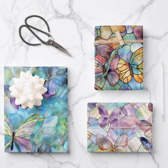 Feuille De Papier Cadeau Papillons bleu pourpre turquoise (Recto)