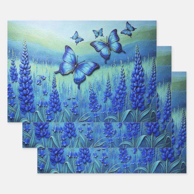 Feuille De Papier Cadeau Papillons Bleus avec des Fleurs Bleues, (Lot)