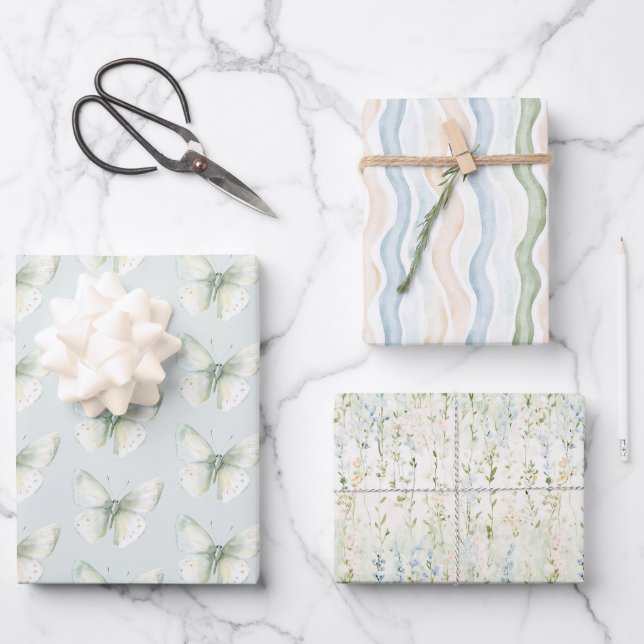 Feuille De Papier Cadeau Papillons de Menthe Anniversaire (Recto)