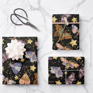 Feuille De Papier Cadeau Papillons de nuit Whimsical Faux Gold Stars