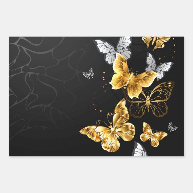 Feuille De Papier Cadeau Papillons dorés et blancs (Devant)