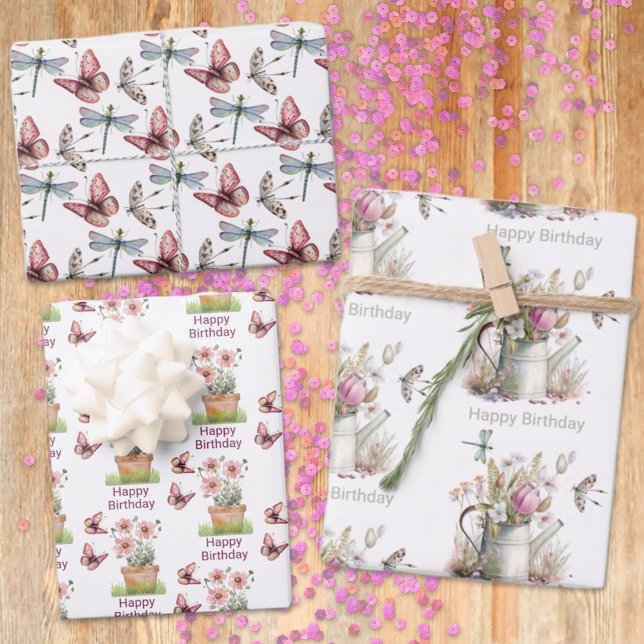 Feuille De Papier Cadeau Papillons du jardin floral libellules Aquarelle (This three sheet gift wrap offers a floral, butterfly and dragonfly design for any occasion.)