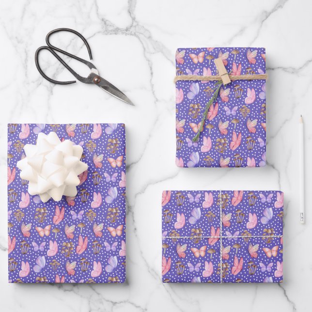 Feuille De Papier Cadeau Papillons et champignons sur Iris Blue (Recto)