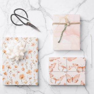 Feuille De Papier Cadeau Papillons Fleuris de Pêche Anniversaire