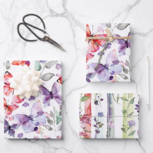 Feuille De Papier Cadeau Papillons Fleurs Anniversaire Rouge Violet