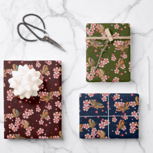 Feuille De Papier Cadeau Papillons & Fleurs de cerise Marooon Bleu & Vert