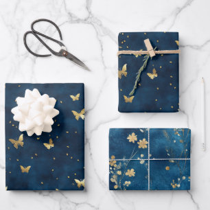 Feuille De Papier Cadeau Papillons Fleurs de Mariage sous le thème Bleu Or