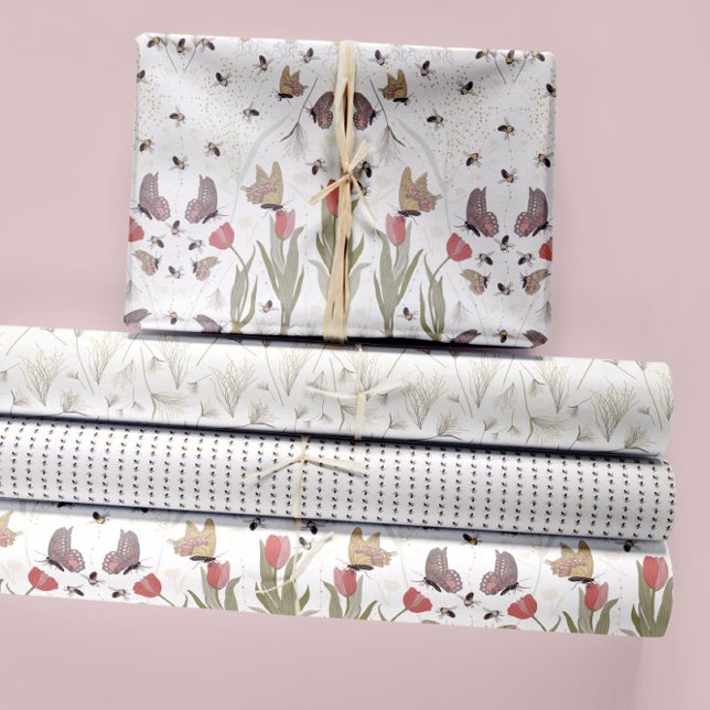 Feuille De Papier Cadeau Papillons Floraux et abeilles Découpage (Elegant Romantic Tulip Garden Butterflies And Bees Wrapping Paper Sheets. Jenn Steffen-Studio Posies)