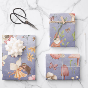 Feuille De Papier Cadeau Papillons Gnomes & Fées ailées Jardin Purple