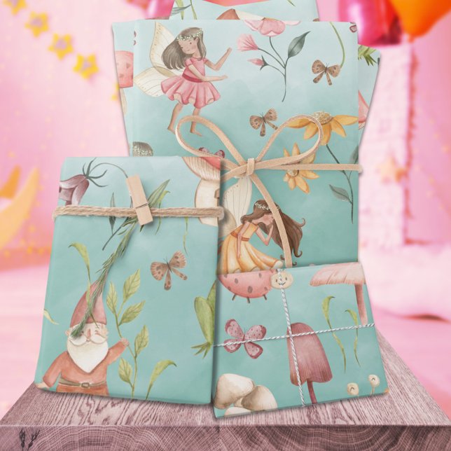 Feuille De Papier Cadeau Papillons Gnomes & Fées ailées Jardin Vert (Butterflies Gnomes & Winged Fairies Garden Green Kids Gift Wrapping Paper Sheets Trio)