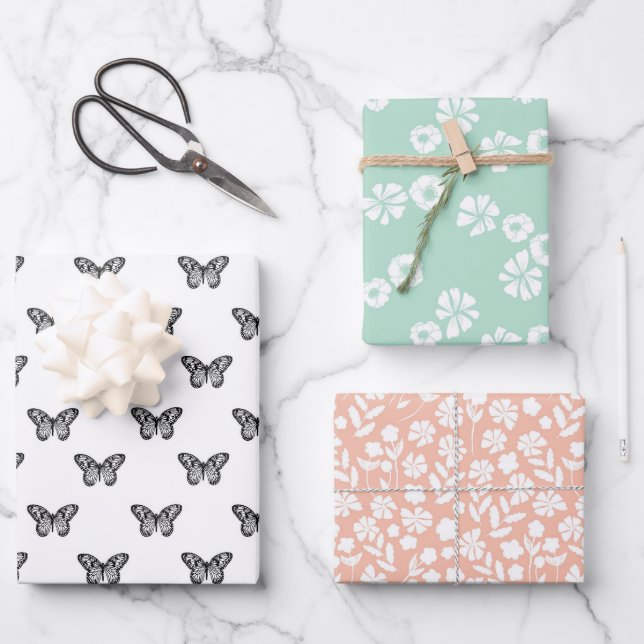 Feuille De Papier Cadeau Papillons noirs Fleurs pastel (Recto)