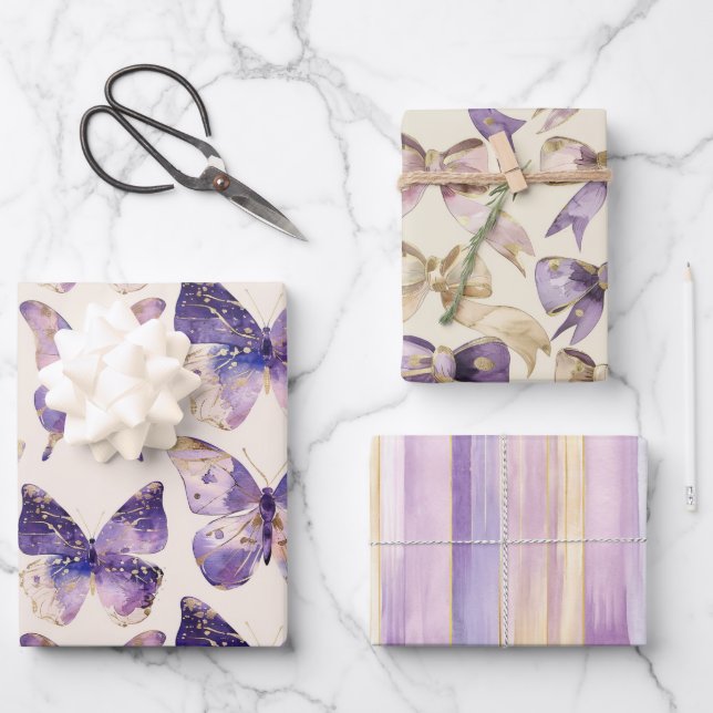 Feuille De Papier Cadeau Papillons Purple Gold Bows Stripes Anniversaire (Recto)