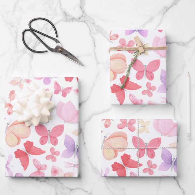 Feuille De Papier Cadeau Papillons rose violet jaune  (Recto)