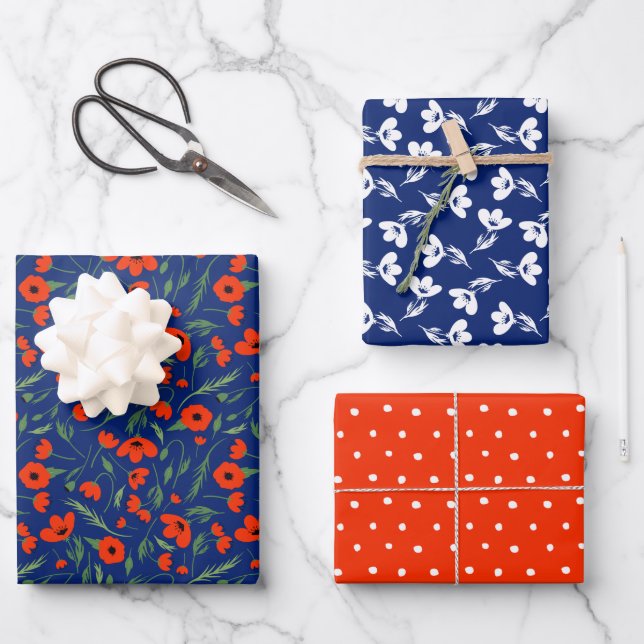 Feuille De Papier Cadeau Papillons rouges bleus Motif floral mixte et Pois (Recto)