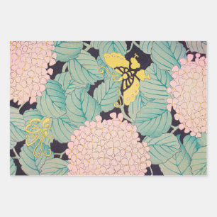 Feuille De Papier Cadeau Papillons sur Pink Hydrangea Vintage japonais