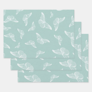 Feuille De Papier Cadeau Papillons Vintages à la menthe et blanc