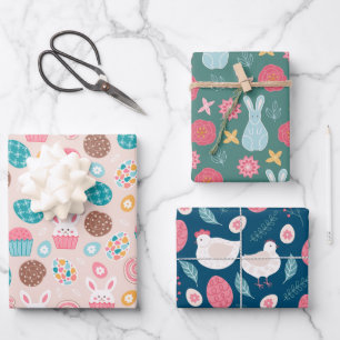 Feuille De Papier Cadeau Pâques Motifs lapins Oeufs et poulets
