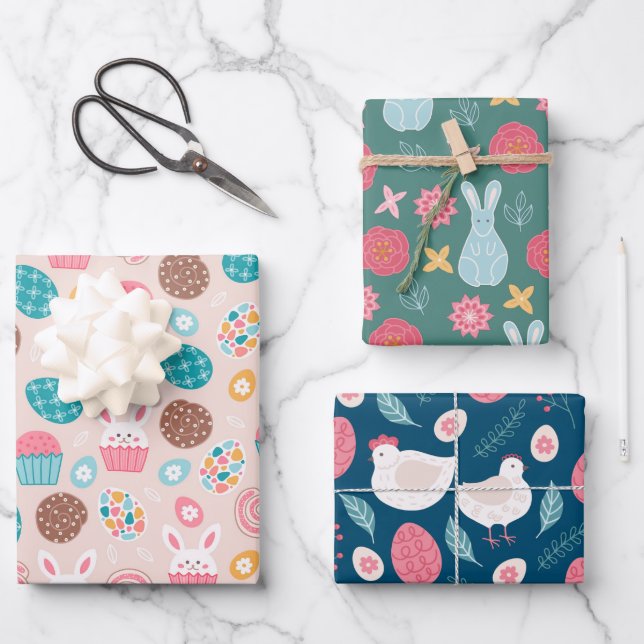 Feuille De Papier Cadeau Pâques Motifs lapins Oeufs et poulets (Recto)