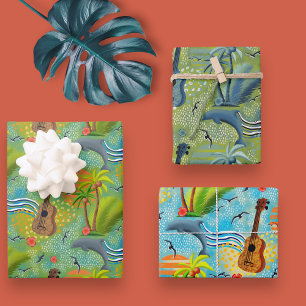 Feuille De Papier Cadeau Paradis tropical bleu vert