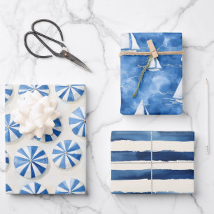 Feuille De Papier Cadeau Parasols Bateaux Rayures Côte d'Azur Bleue  