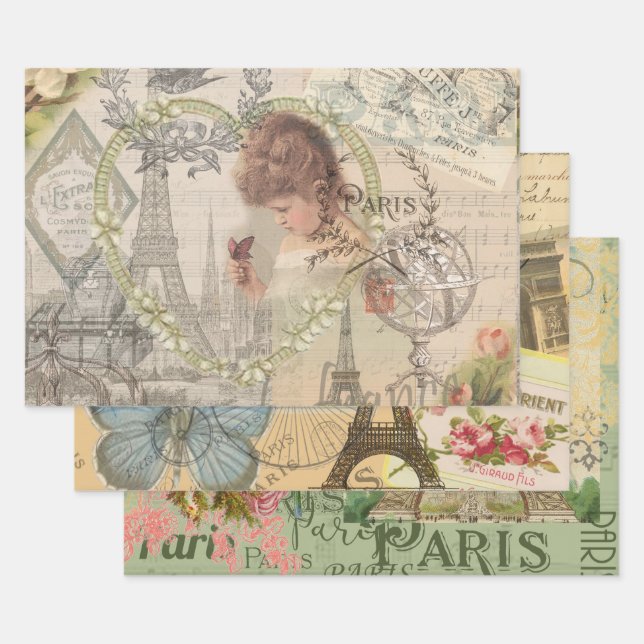 Feuille De Papier Cadeau Paris France Jolie fille Eiffel (Lot)