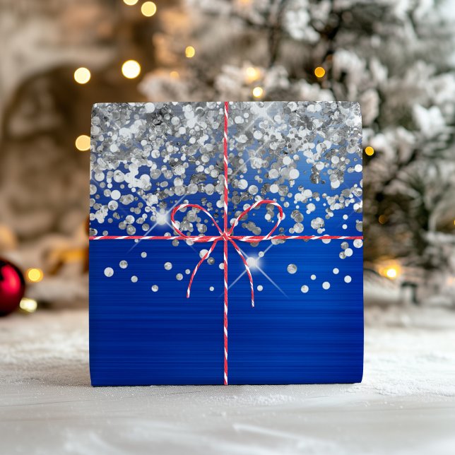 Feuille De Papier Cadeau Parties scintillant argentée brillante Royal Blue  (Sparkly Silver Glitter Royal Blue Faux Foil Wrapping Paper Sheets)