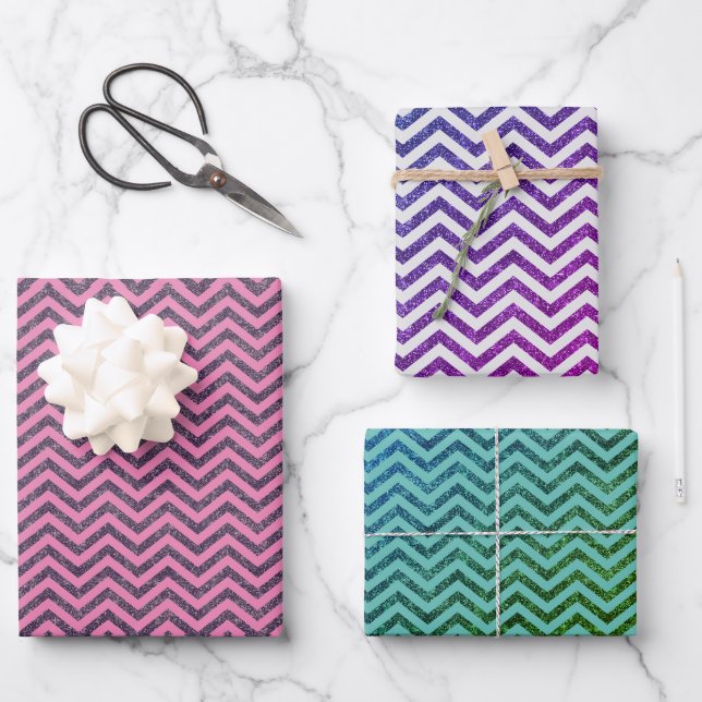 Feuille De Papier Cadeau Parties scintillant branchée Chevron Motif Trio  (Recto)