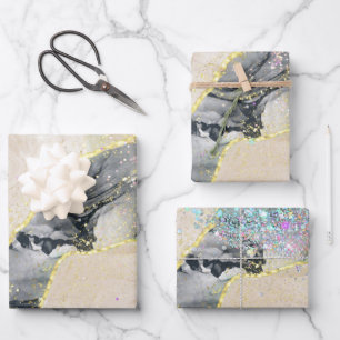 Feuille De Papier Cadeau Parties scintillant d'alcool noir d'aquarelle d'or