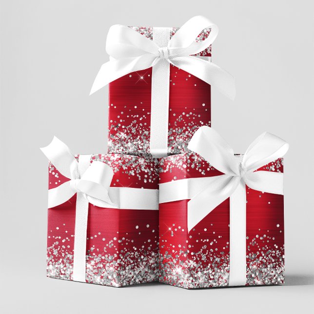 Feuille De Papier Cadeau Parties scintillant d'argent et brillante ombre ro (Red and Silver Glitter Gift Wrap)