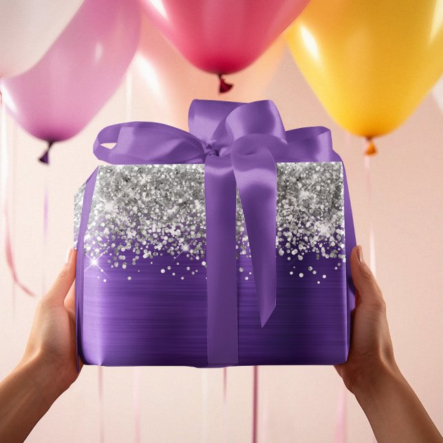 Feuille De Papier Cadeau Parties scintillant d'argent mousseux Améthyste vi (Sparkly Silver Glitter Amethyst Purple Faux Foil Wrapping Paper Sheets)