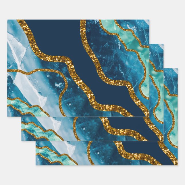 Feuille De Papier Cadeau Parties scintillant de la géode d'âge bleu et or (Lot)