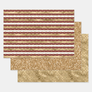 Feuille De Papier Cadeau Parties scintillant de Noël Gold Red Hearts Stripe