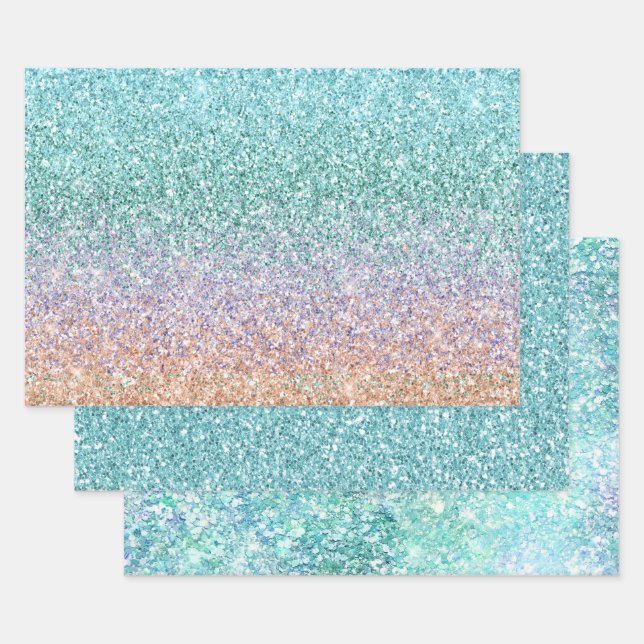 Feuille De Papier Cadeau Parties scintillant de sirène d'or à la menthe vio (Lot)