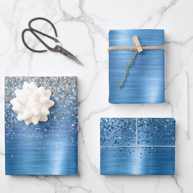 Feuille De Papier Cadeau Parties scintillant d'étincelle d'argent bleu (Recto)