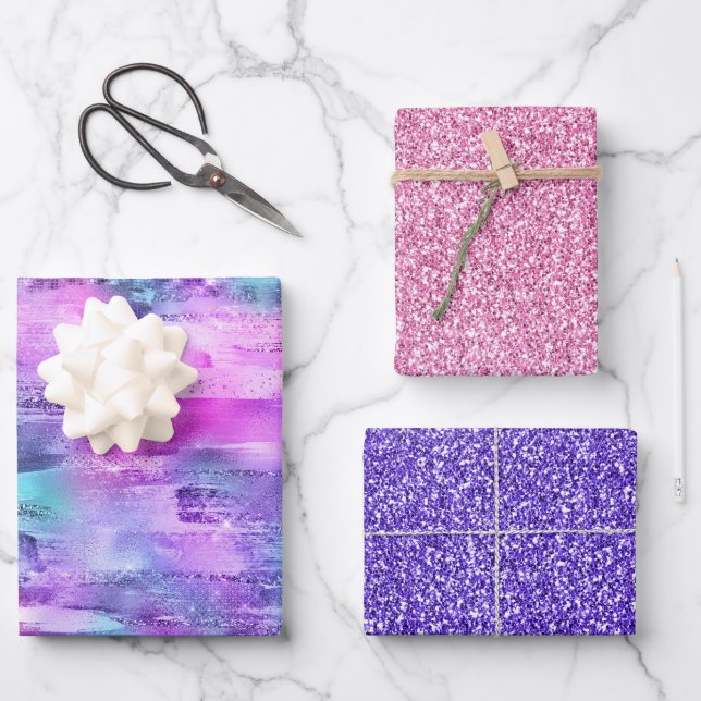 Feuille De Papier Cadeau Parties scintillant d'étincelle rose violet Aqua (Recto)
