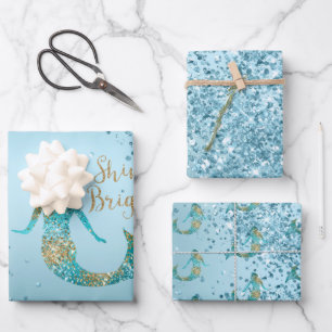 Feuille De Papier Cadeau Parties scintillant d'or Aqua Ombre étincelle Merm