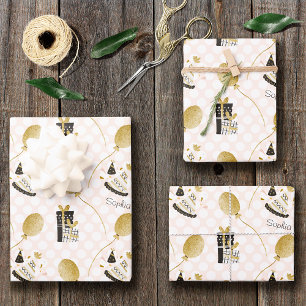 Feuille De Papier Cadeau Parties scintillant d'or Ballons et Casquettes de 