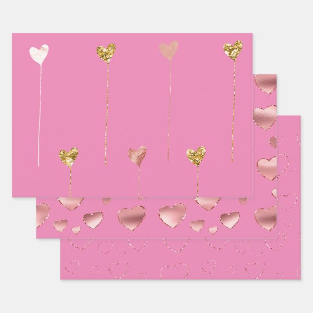Feuille De Papier Cadeau Parties scintillant d'or Coeurs de Glam rose (Lot)
