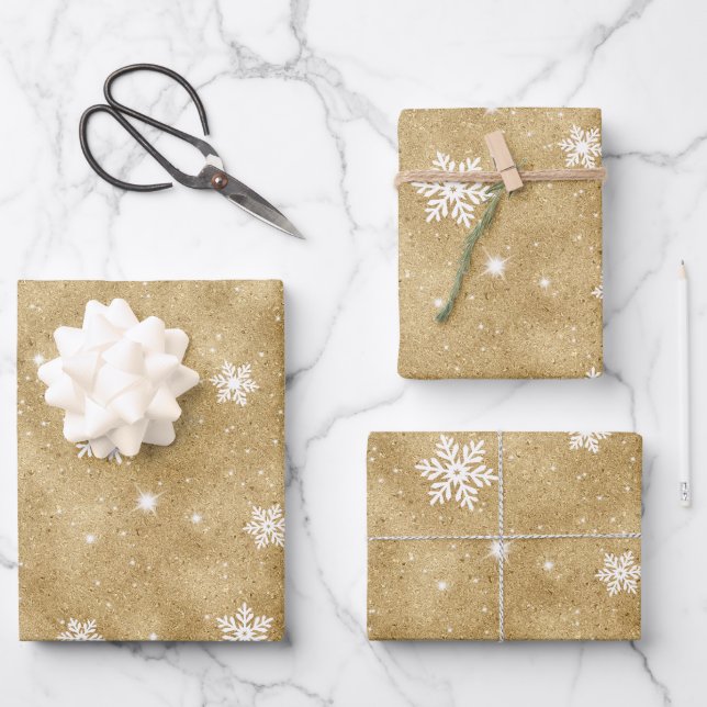 Feuille De Papier Cadeau Parties scintillant d'or Étoiles blanches et Motif (Recto)