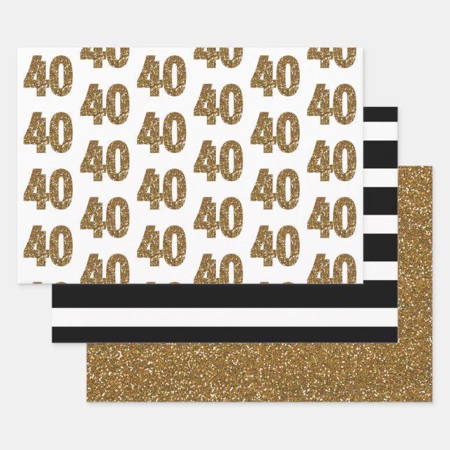 Feuille De Papier Cadeau Parties scintillant d'or noir blanc rayé 40e anniv (Lot)