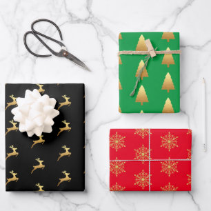 Feuille De Papier Cadeau Parties scintillant d'or Pine Arbre renne Snowflak